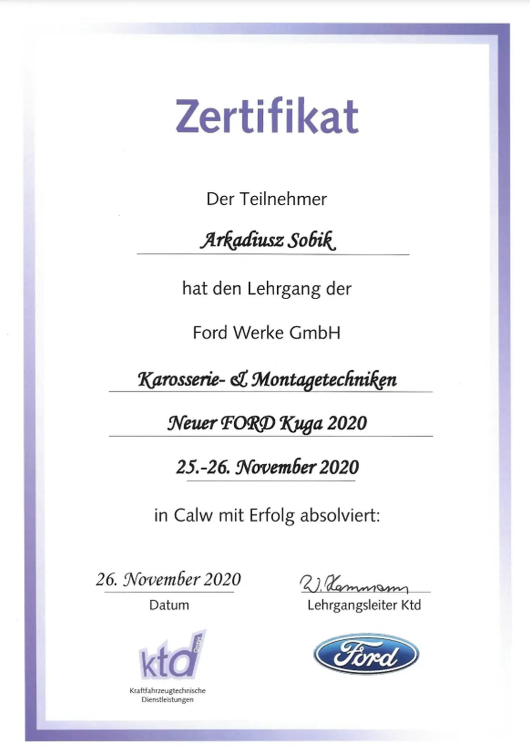 Zertifikat der Lackerei Hildebrandt